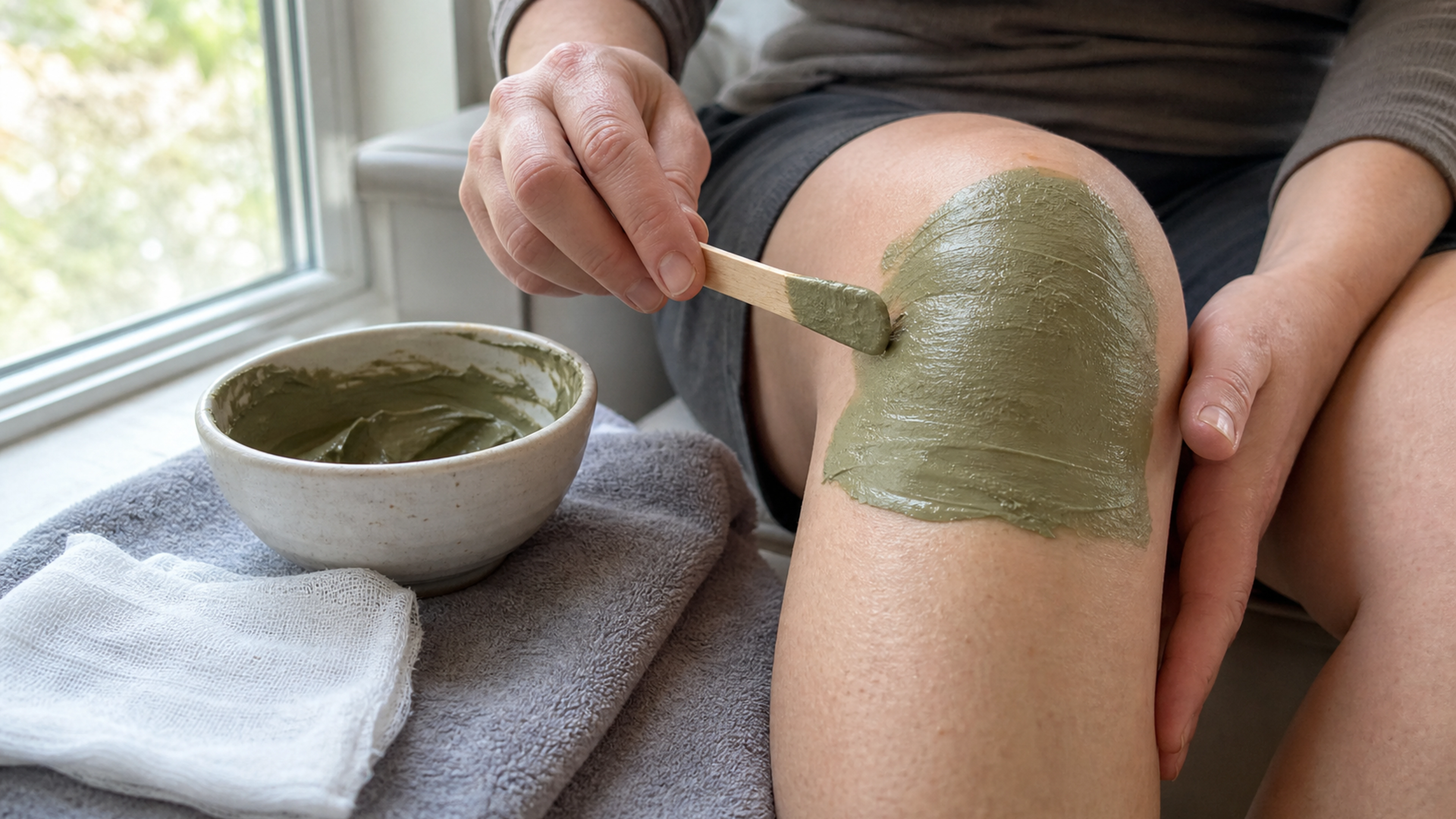Application d’un cataplasme humide d’argile verte sur un genou