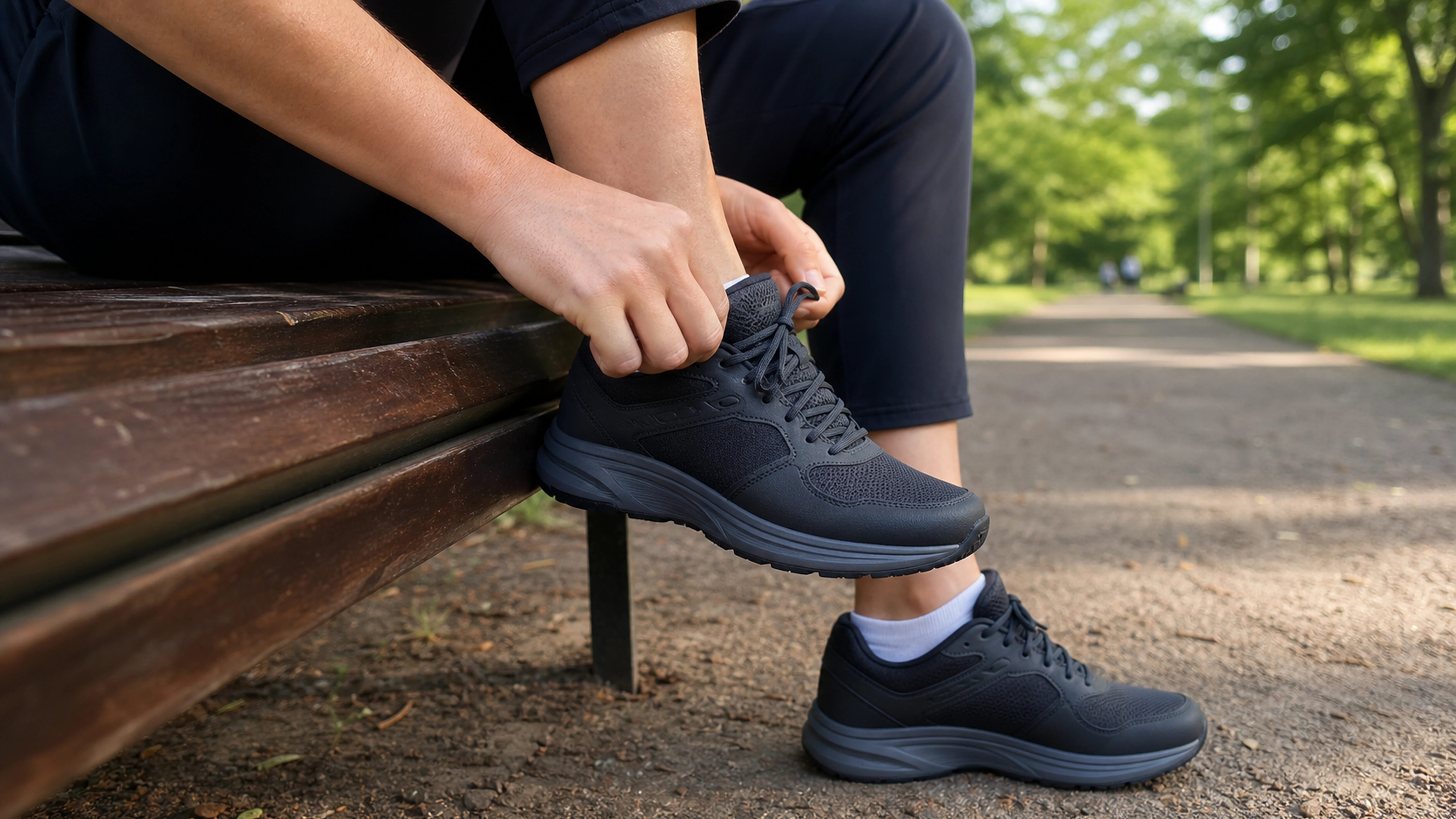 Adulte ajustant une chaussure de marche à talon légèrement surélevé