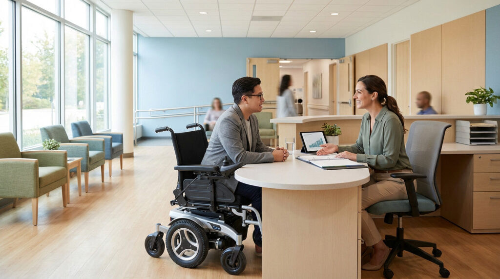 Man in wheelchair consults a professional woman at a desk with a tablet in a bright, modern, accessible office.