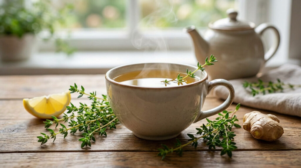 Steaming cup of thyme herbal tea with fresh thyme sprigs, lemon slice, and ginger root on a rustic wooden table by a window.