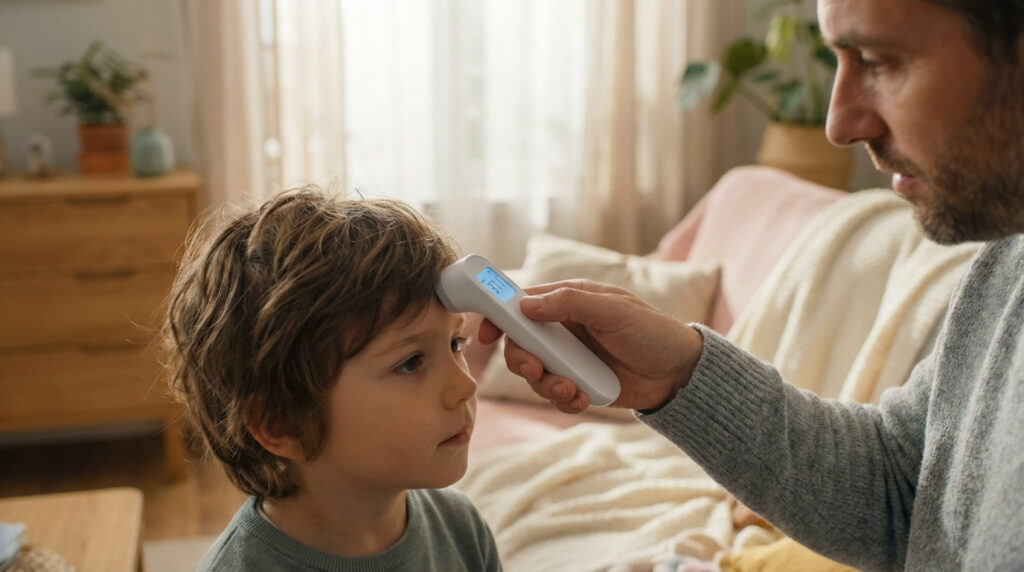 An adult uses a sleek non-contact thermometer on a calm child's forehead in a warm, natural light home, conveying care.