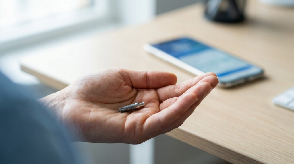 A person's cupped hand gently holds a silver dental implant. A blurred smartphone in the background implies urgent need for professional dental care.