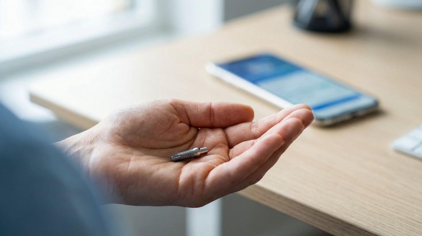 A person's cupped hand gently holds a silver dental implant. A blurred smartphone in the background implies urgent need for professional dental care.