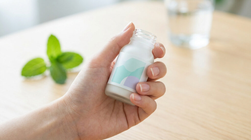 A hand holds a white medicine bottle with a teal and purple abstract label. Blurred background shows mint leaves and a glass of water, lit by natural daylight.