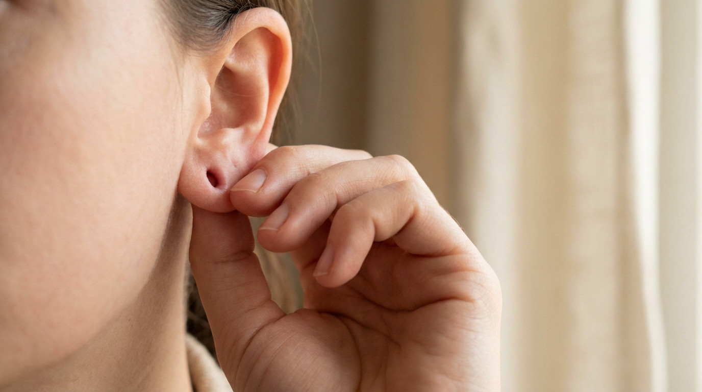 Close-up of a hand gently massaging an earlobe with a slightly dilated piercing hole, suggesting non-surgical reduction.
