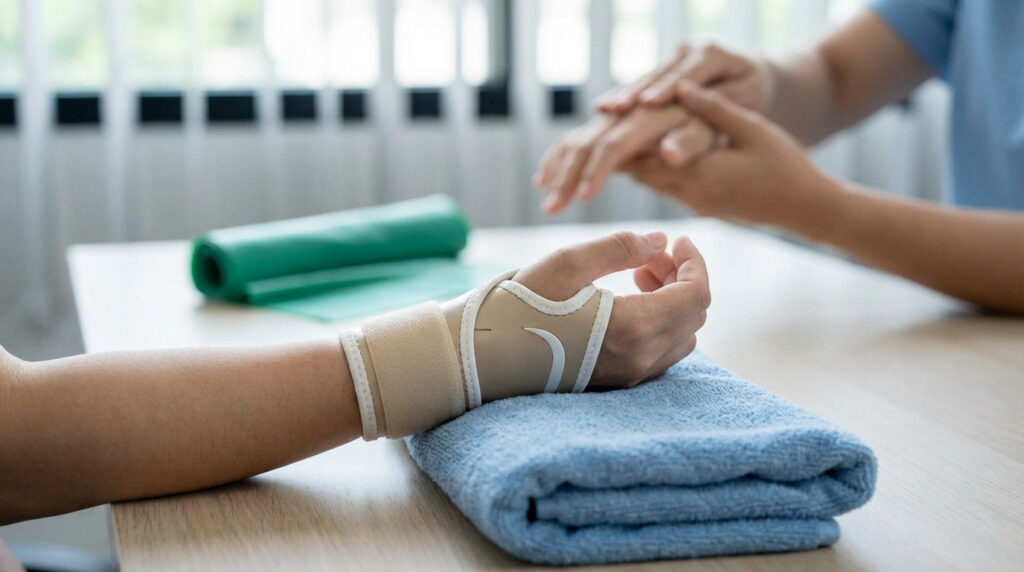 Hand with beige wrist orthosis resting on a blue towel, with a therapist's hands blurred in the background, symbolizing tendinitis recovery.