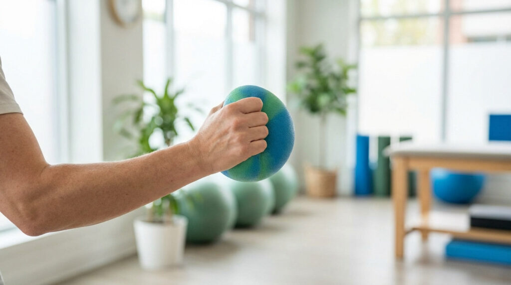 Anonymous hand and forearm grasping a blue and green therapy ball in a brightly lit, modern therapy room. Blurred background shows plants and equipment.