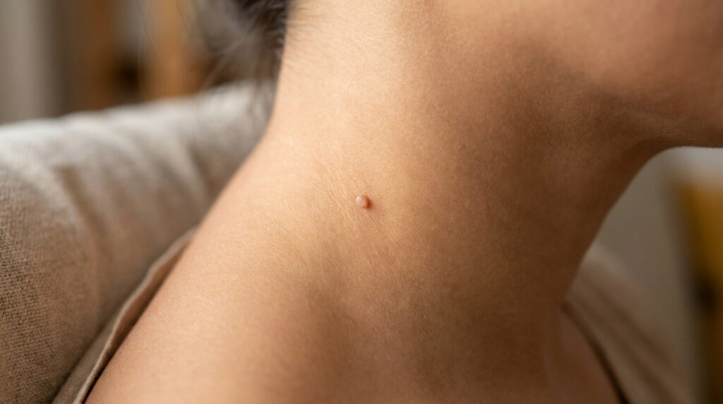 Close-up of a small, flesh-colored skin tag (acrochordon) on healthy human neck skin, softly lit, highlighting its natural appearance.
