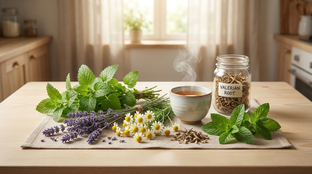 Serene display of lemon balm, lavender, chamomile, mint, steaming tea, and a "Valerian Root" jar on a wood table. Natural light.