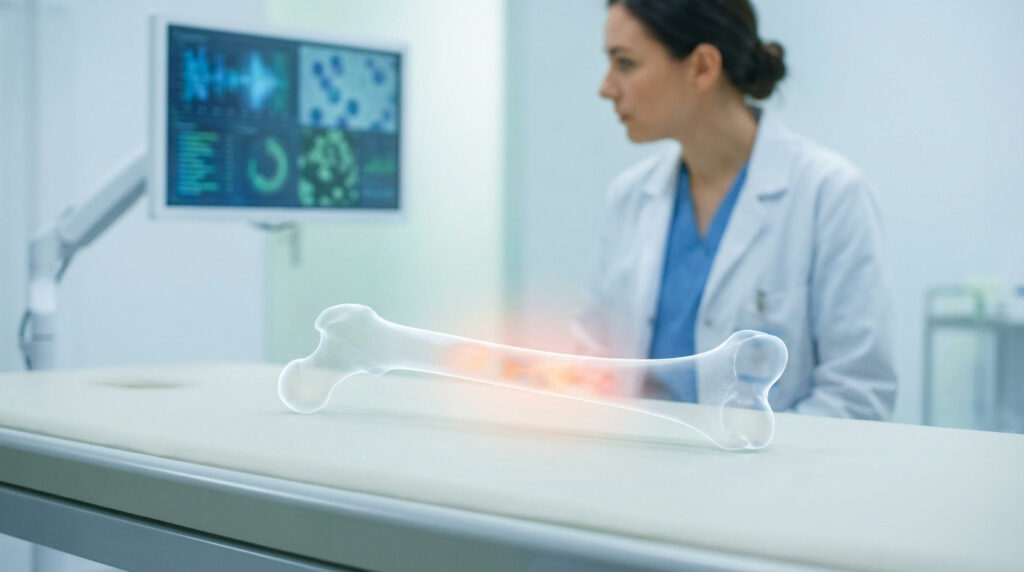 Stylized translucent bone with internal orange glow representing lymphoma. Researcher in lab coat views data on screen in a lab.