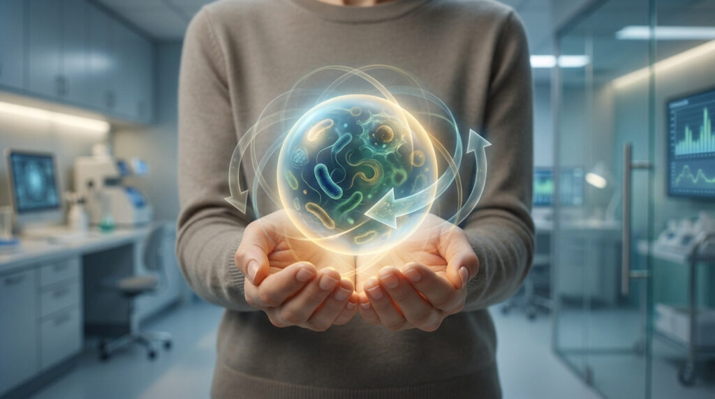 Cupped hands hold a glowing orb filled with microscopic bacteria and cyclical arrows, in a blurred scientific lab. Symbolizes infection management.
