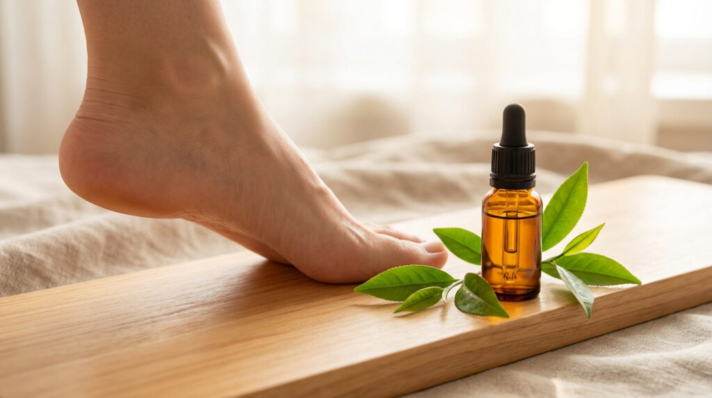 Close-up of a healthy foot on wood next to an amber essential oil bottle with tea tree leaves, conveying natural care and relief.