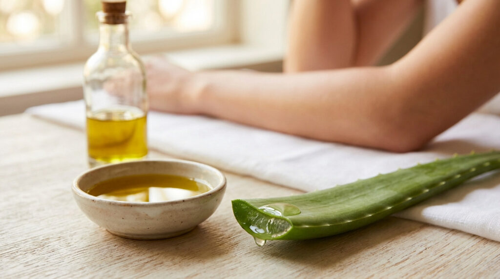 Still life with aloe vera leaf and gel, ceramic bowl of olive oil, and bottle. Blurry arm on white cloth in background.