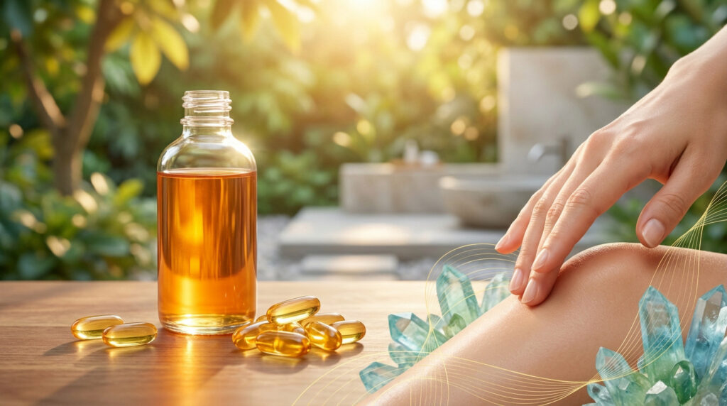 Organic silicon bottle and capsules with a hand touching radiant skin, surrounded by crystals and lines for bone and tissue health, in a bright natural setting.