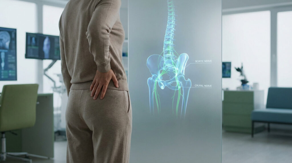 Person gently touches lower back next to glowing 3D render of lumbar spine, pelvis, sciatic, and crural nerves in a clinic.