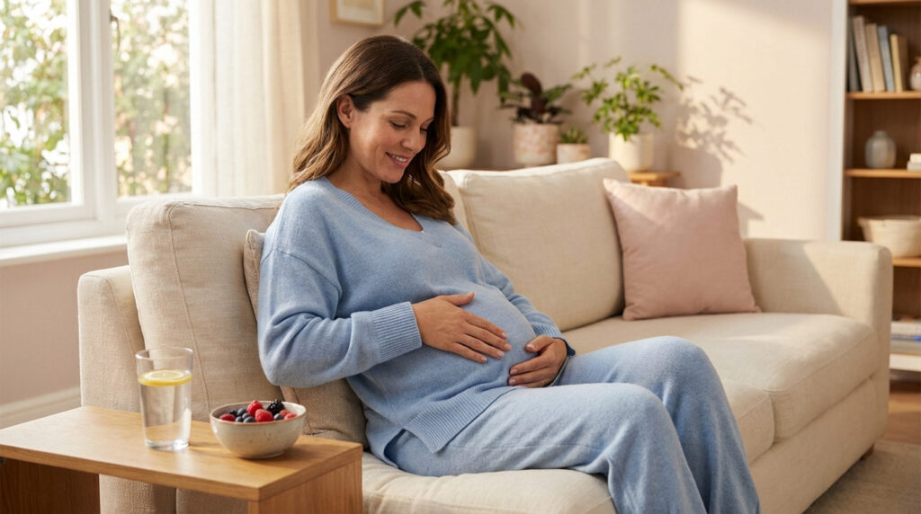 Pregnant woman in light blue loungewear gently massages her belly, smiling serenely on a sofa in a sunlit room with water and berries.
