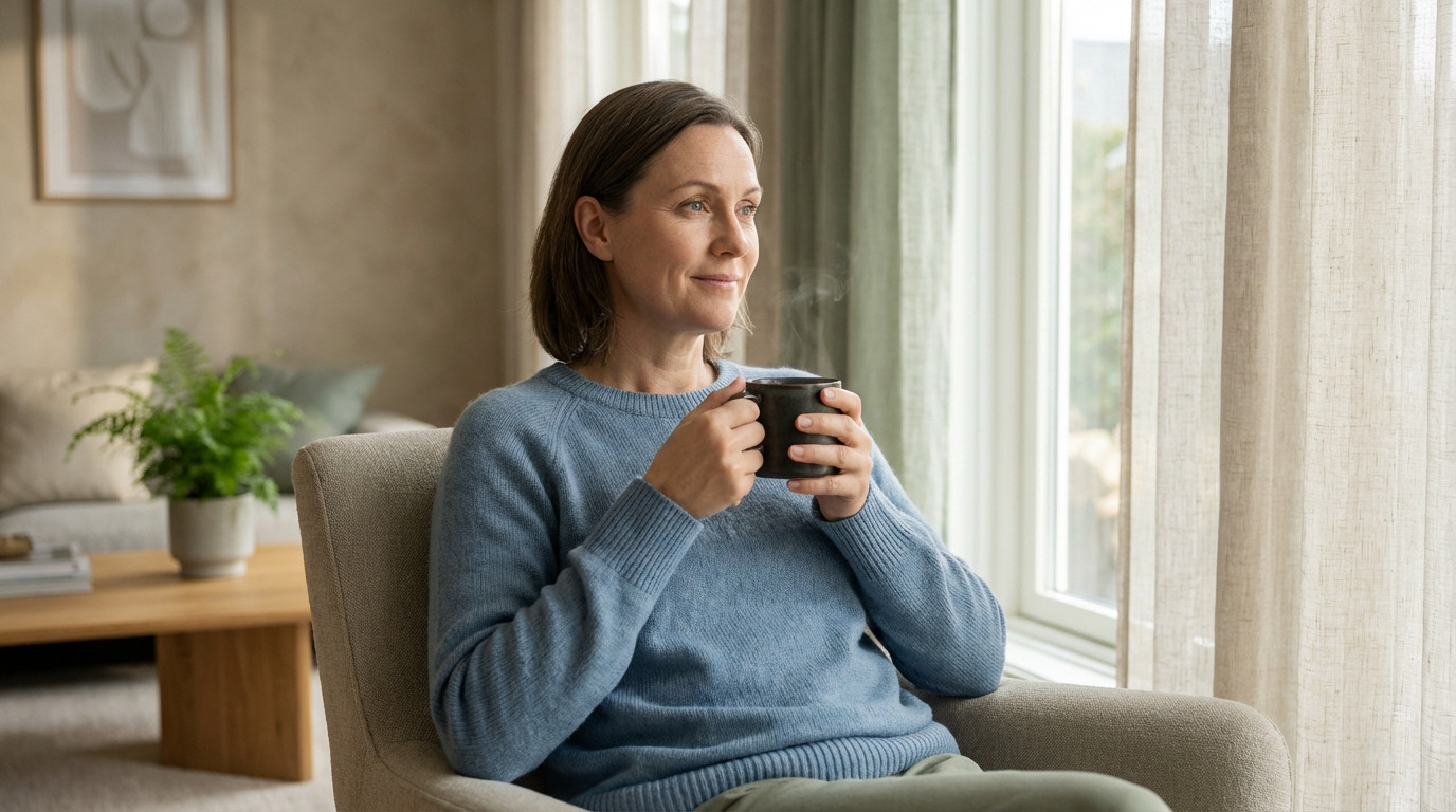 Thoughtful woman, 40s, holding steaming mug in serene, sunlit living room. Conveys comfort, resilience, and hope for pain relief.