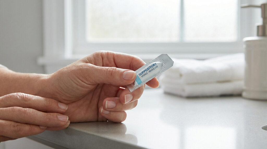 Clean hands gently hold a suppository in its sterile white and blue packaging. Hygienic setting with blurred window and countertop.