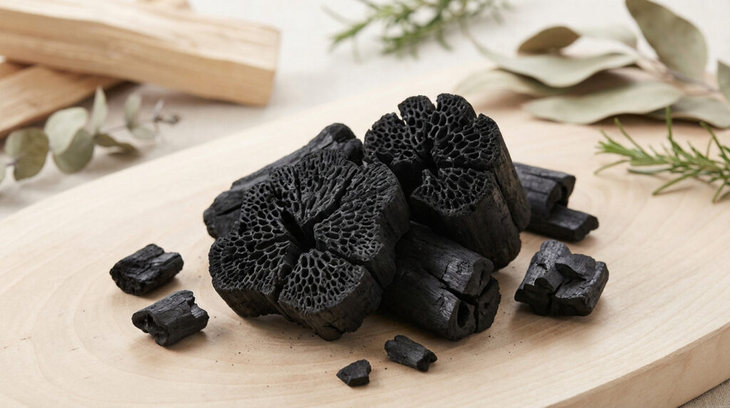 Irregular jet-black charcoal with intricate porous texture on a light wood surface, subtle green foliage in soft-focus background.