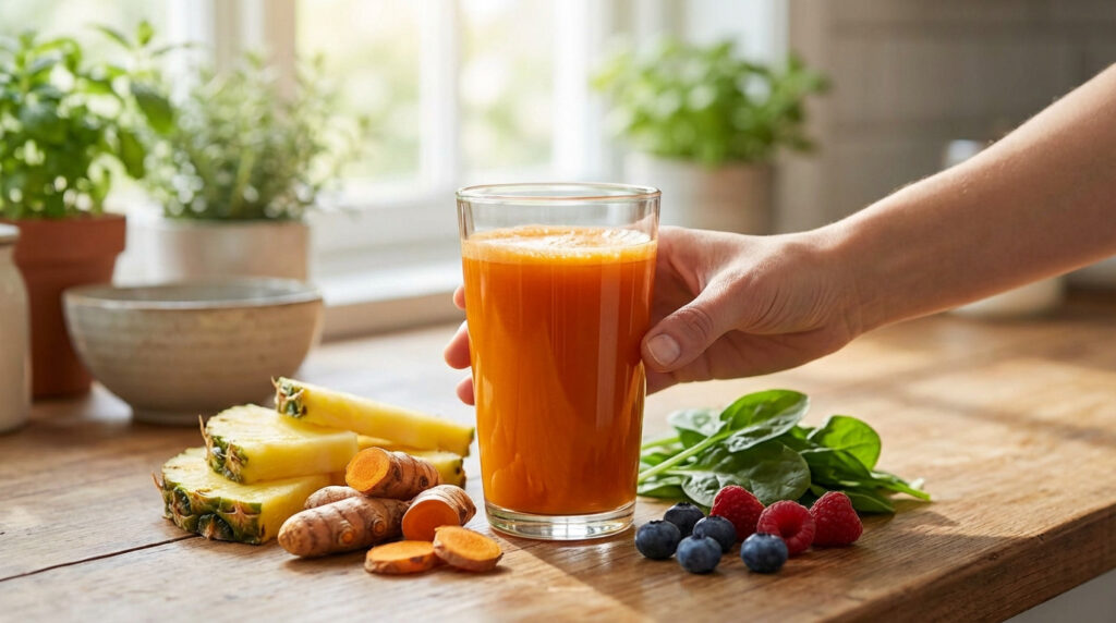 A hand holds a glass of vibrant orange juice. Fresh turmeric, pineapple, spinach, blueberries, and raspberries are on a wooden table.