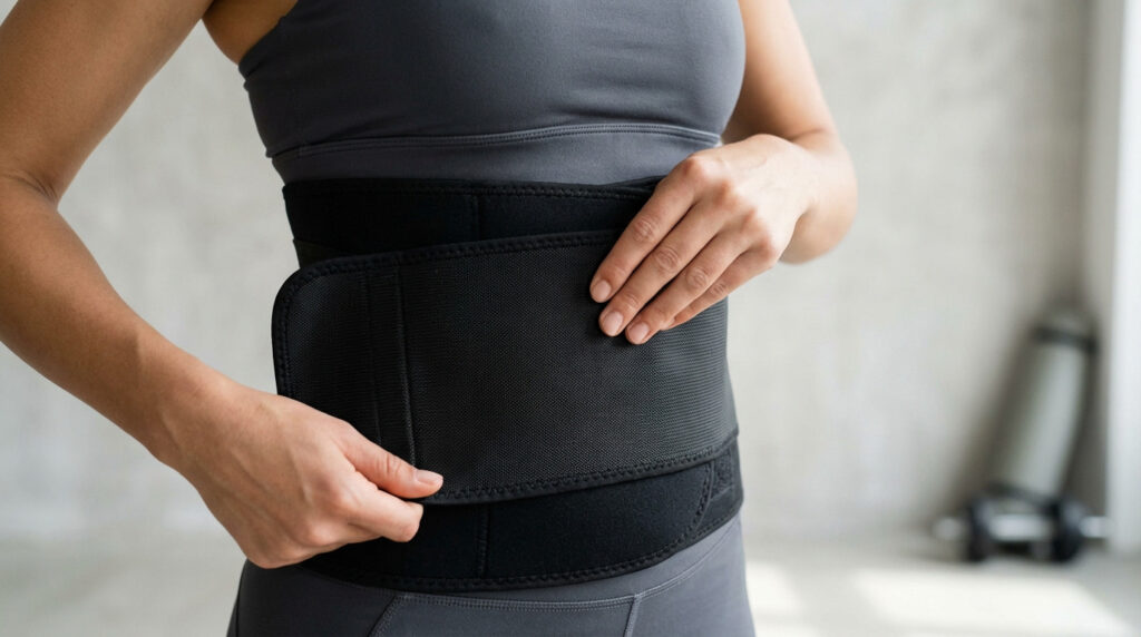 Close-up of an individual's torso, hands carefully wrapping a black sweat belt around their waist over a grey athletic top in a minimalist gym.