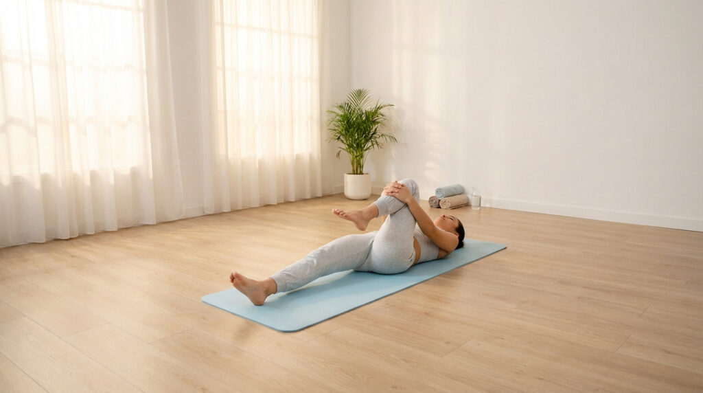Femme sur tapis de yoga, genou à la poitrine. Cet étirement de la hanche est idéal pour soulager la sciatique.