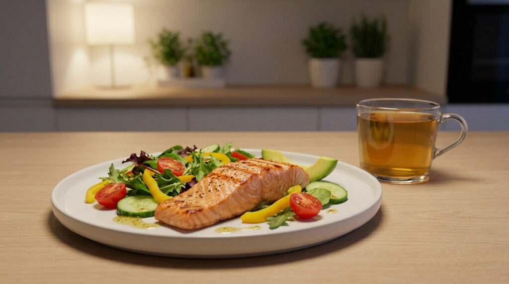 A beautifully plated grilled salmon fillet with a vibrant mixed green salad, avocado, and a glass of tea on a wooden table, under soft evening light.