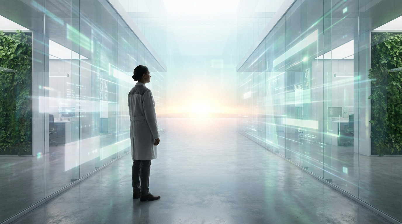 Figure in lab coat in modern medical corridor, looking at a bright, hopeful light. Digital data on glass walls symbolizes scientific progress.