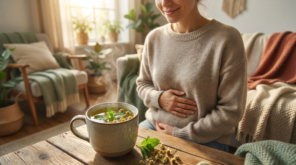 Femme souriante tenant son ventre pour apaiser des ballonnements. Une tisane fumante de menthe et camomille est posée sur la table.