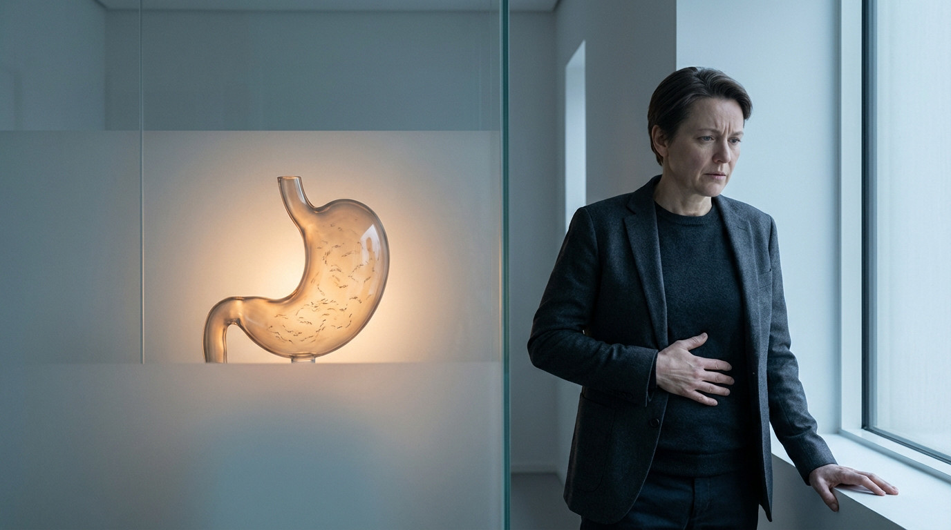 Thoughtful figure with hand on abdomen, beside a glowing, translucent stomach model showing internal shapes, in a modern, soft-lit room.