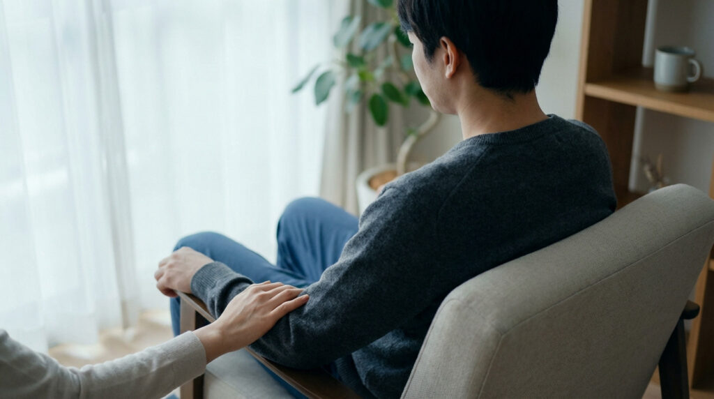 A person in a gray sweater sits, looking away, while another hand gently touches their arm, offering comfort in a bright, modern room.