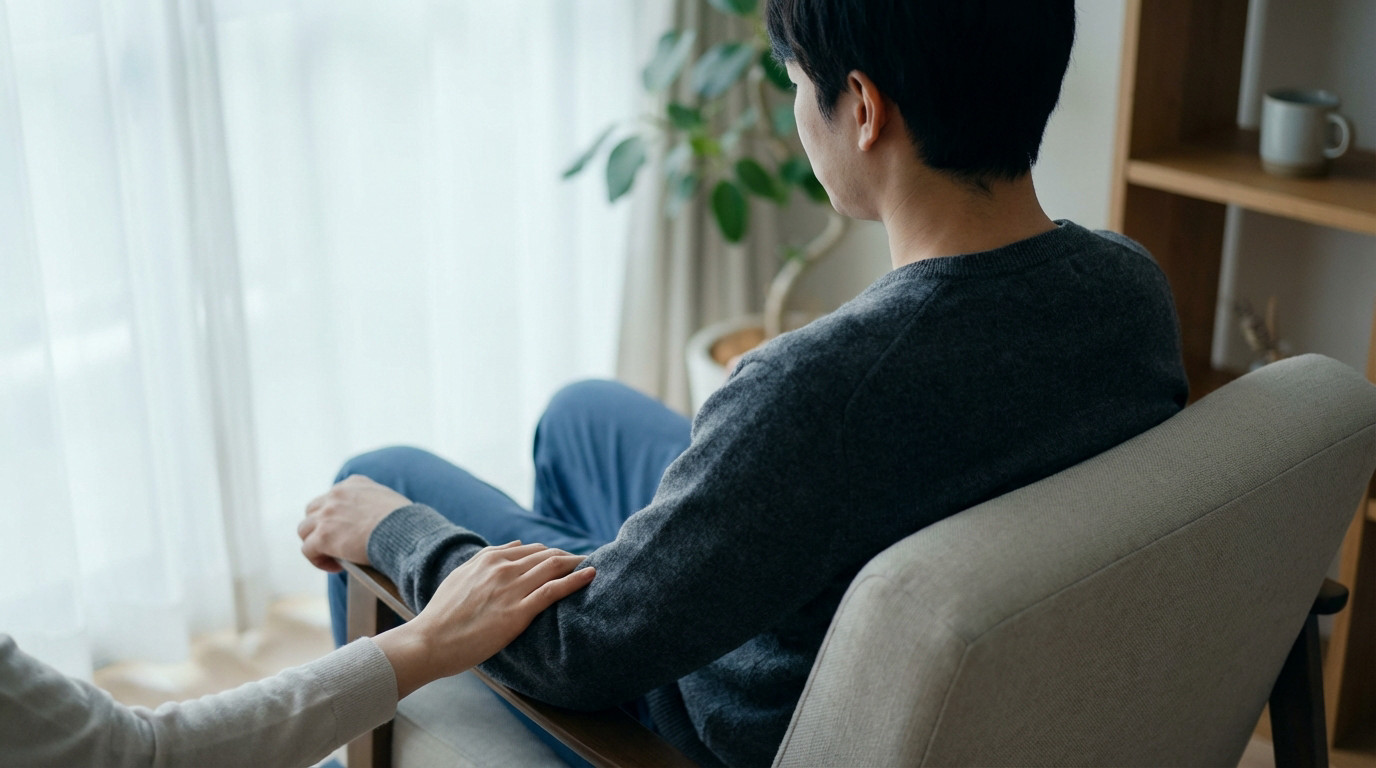 A person in a gray sweater sits, looking away, while another hand gently touches their arm, offering comfort in a bright, modern room.