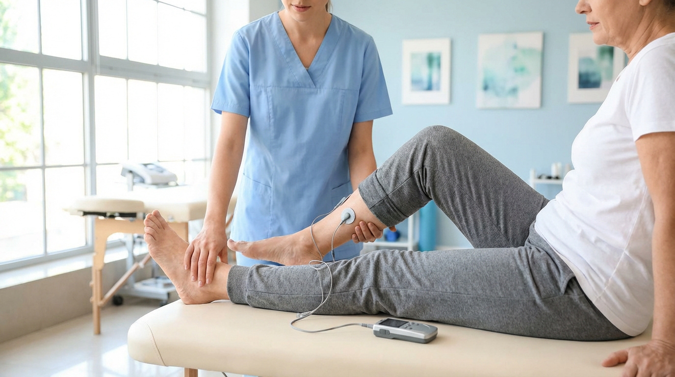 Une physiothérapeute examine la jambe d'une patiente avec des électrodes, traitant la neuropathie diabétique.