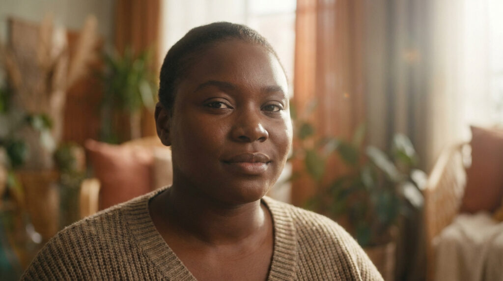 Portrait d'une femme noire au teint uniforme et éclatant, regardant l'objectif. Elle porte un pull beige dans un intérieur chaleureux.