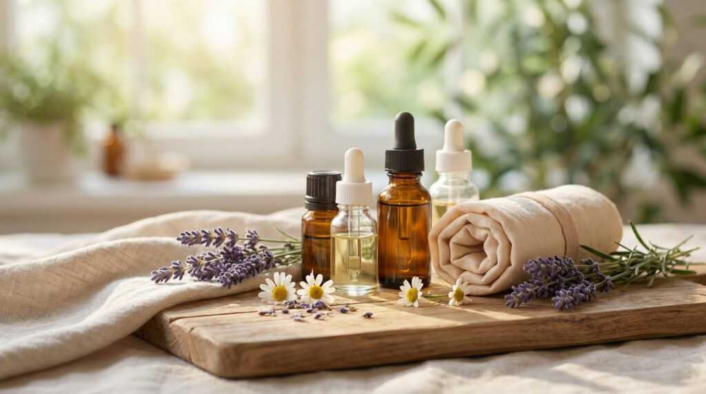 Bouteilles d'huiles essentielles, lavande, camomille et serviette sur une planche de bois pour un traitement naturel de l'otite.