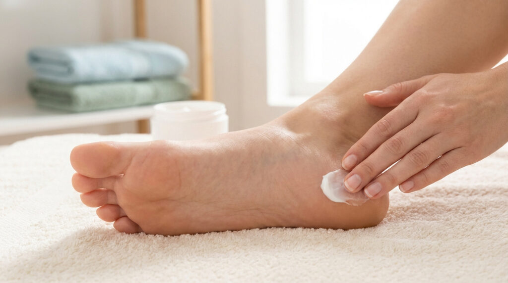 Une main applique une crème hydratante sur le talon d'un pied posé sur une serviette blanche.