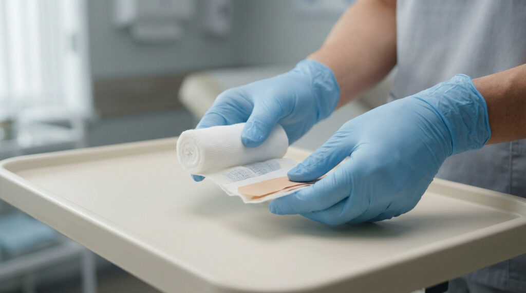 Mains gantées d'un soignant préparant des bandes de gaze et sparadraps pour un pansement post-circoncision sur un plateau.