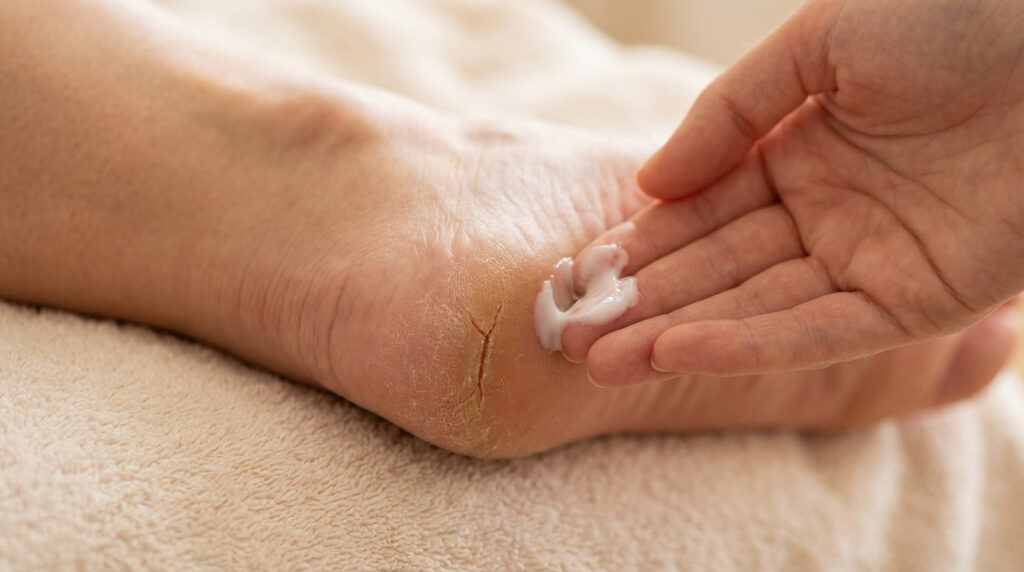 Close-up of a hand applying white cream to a dry, cracked heel on a light towel, highlighting skin discomfort and gentle care.
