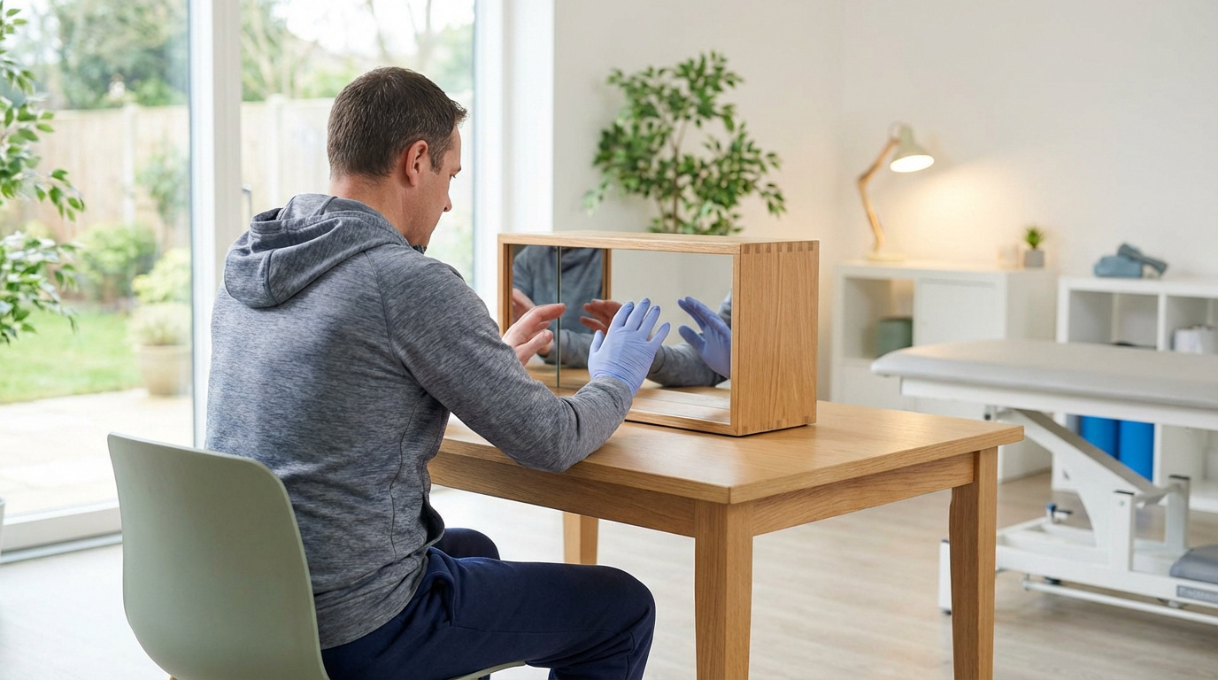 Homme en thérapie miroir, sa main saine réfléchie pour simuler le mouvement de la main cachée gantée, dans un centre de rééducation.