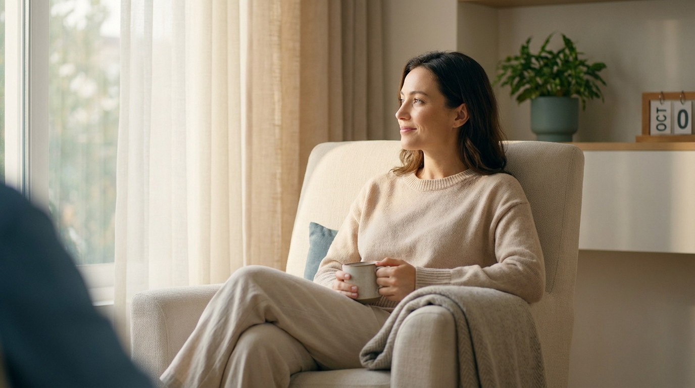 A serene woman in a cream sweater and pants sits in an armchair, holding a mug, looking thoughtfully out a sunlit window in a cozy room.