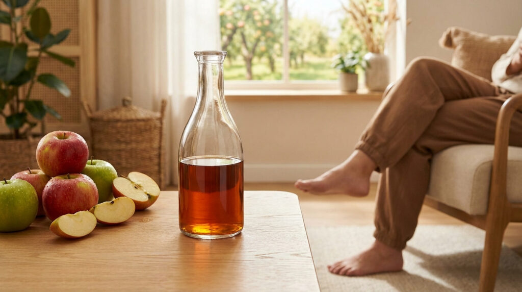 Bouteille de vinaigre de cidre entourée de pommes rouges et vertes, entières et coupées, sur une table en bois. Une personne se détend.