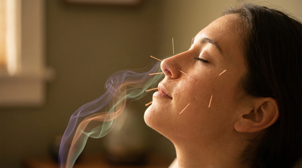 Gros plan sur un visage recevant de l'acupuncture avec des aiguilles autour du nez et de la bouche. De la fumée colorée symbolise l'odorat.
