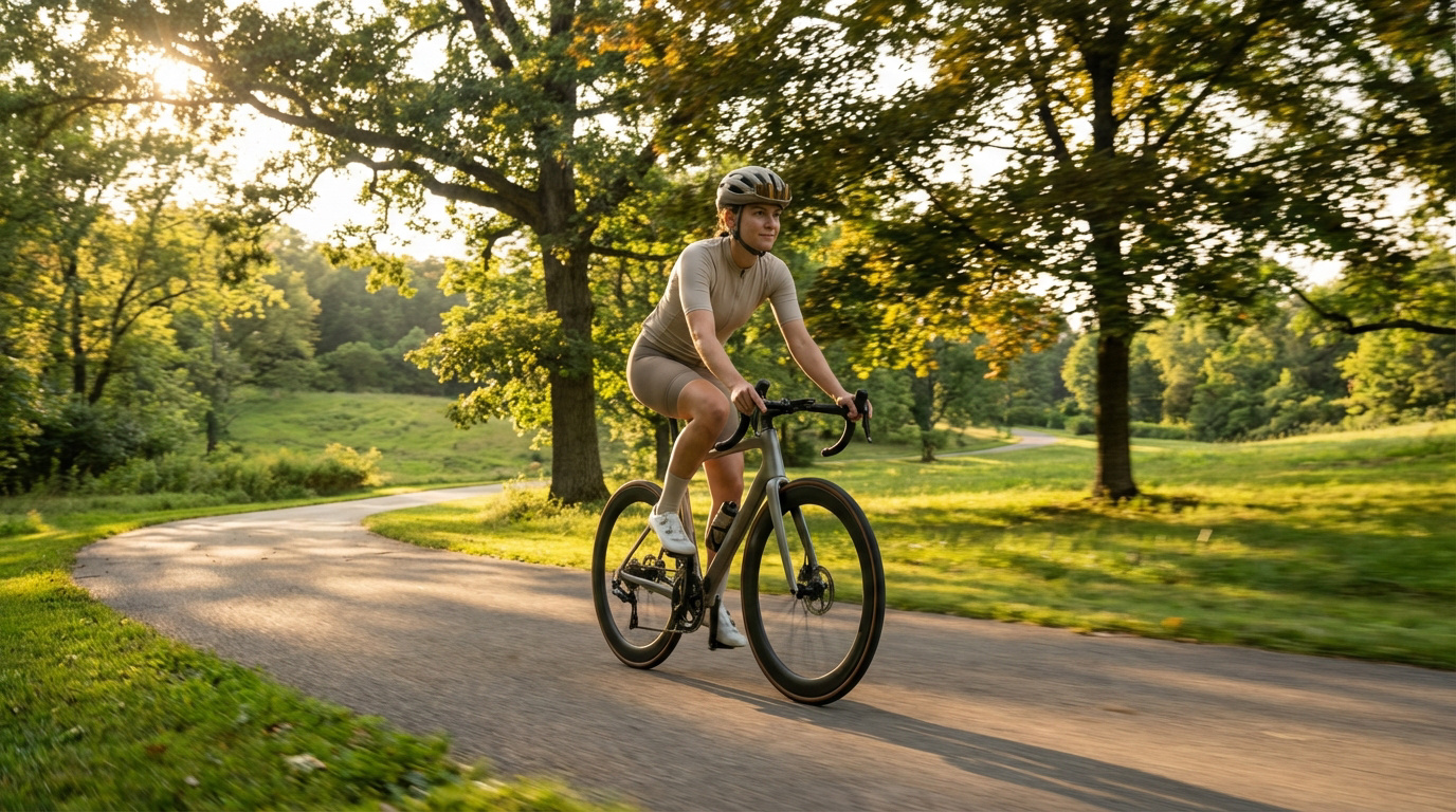 Une femme souriante avec un casque et une tenue de cyclisme roule à vélo sur une route sinueuse en pleine nature, éclairée par le soleil matinal.
