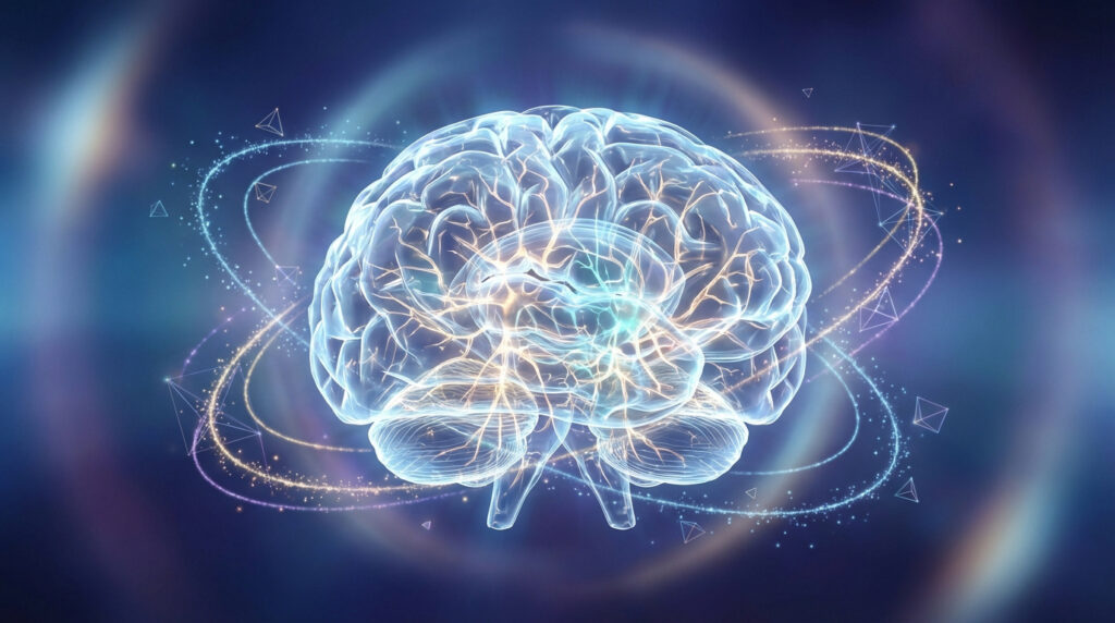 Illustration numérique d'un cerveau humain translucide et lumineux avec des réseaux neuronaux actifs sur un fond bleu abstrait.