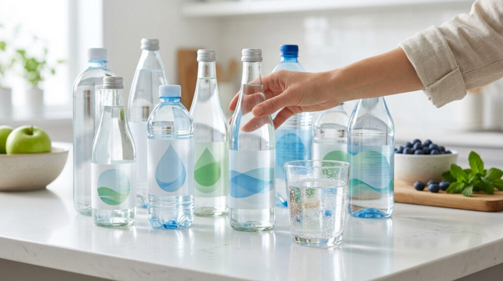 Main saisissant une bouteille d'eau parmi un assortiment de bouteilles en verre et plastique, avec fruits et menthe sur un comptoir.