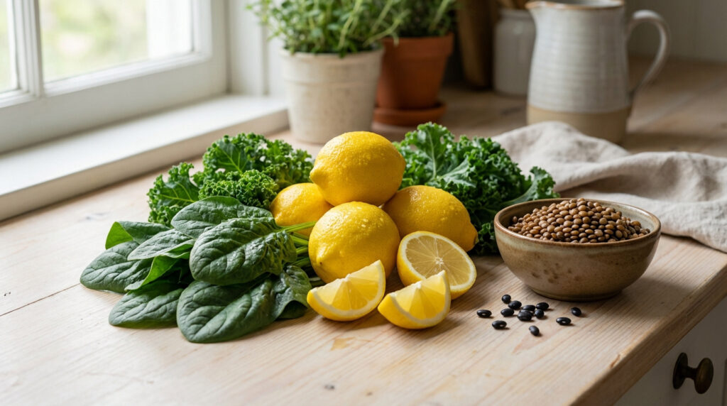 Citrons frais, épinards, chou kale et lentilles, ingrédients clés pour une meilleure absorption du fer naturellement.