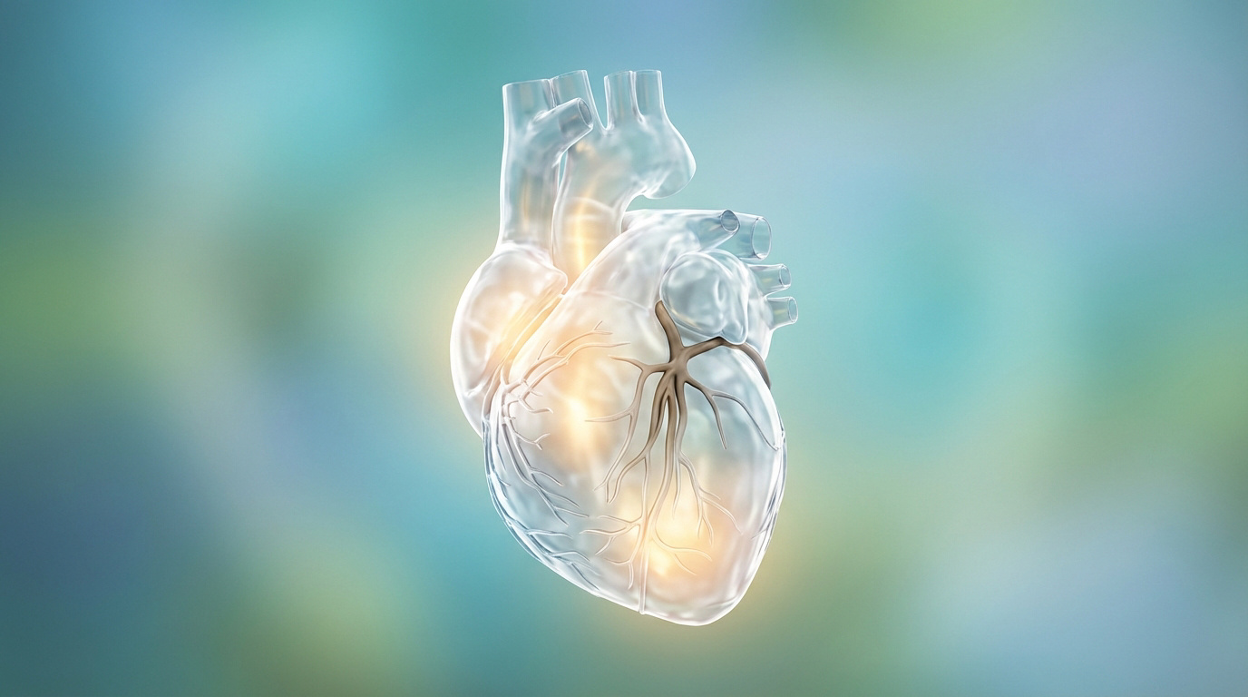Illustration 3D d'un cœur humain translucide avec des zones lumineuses, symbolisant la santé ou les problèmes cardiaques.