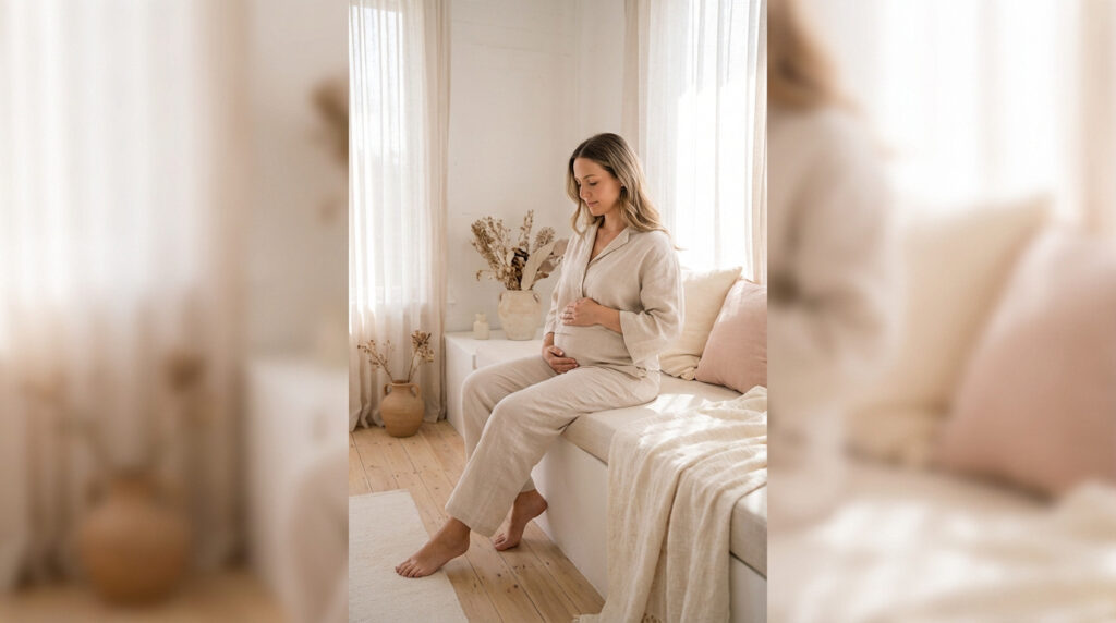 Femme enceinte assise pieds nus sur un banc, vêtue d'un ensemble beige, caressant son ventre, dans un intérieur lumineux et apaisant.