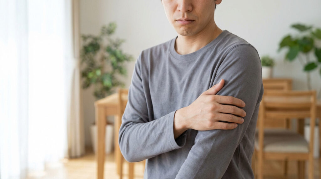Un homme tient son bras gauche avec sa main droite, le visage légèrement préoccupé. Il semble ressentir une douleur au biceps.