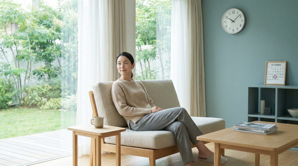 Femme sereine assise sur un canapé clair, regardant un jardin. Un calendrier mural indique octobre avec une date cerclée.